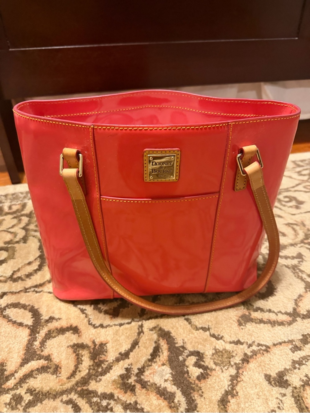 Dooney & Bourke Coral Patent Tote with Tan Leather Straps PREOWNED
